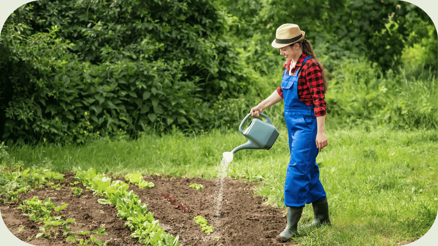 Smiling Woman Watering Garden Ground